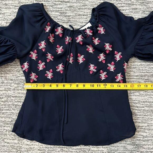 NWT Cinq A Sept Daria Split Neck Silk Blouse Navy Blue Small - Picture 9 of 12